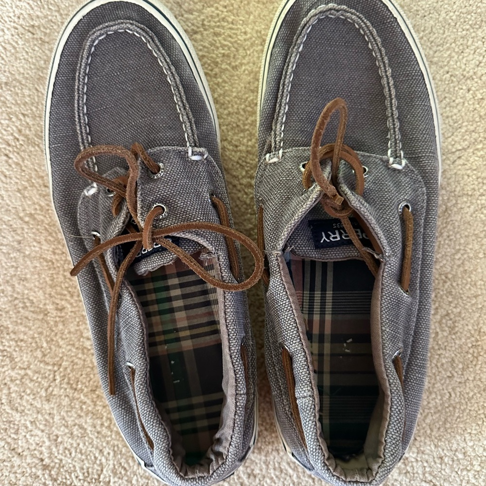 Sperry Gray Canvas Boat Shoes with Brown Laces